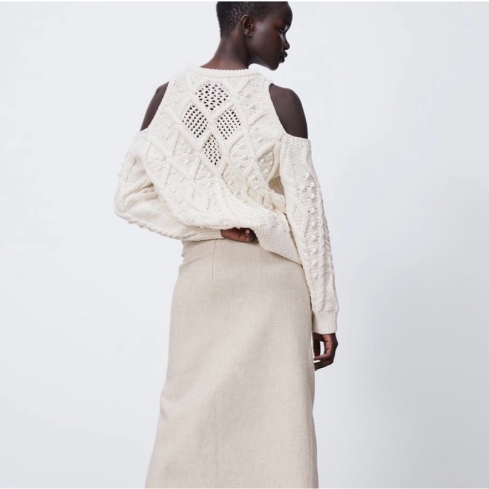Zara chunky Cable Knit cold Shoulder Sweater in ecru beige small - Picture 3 of 7